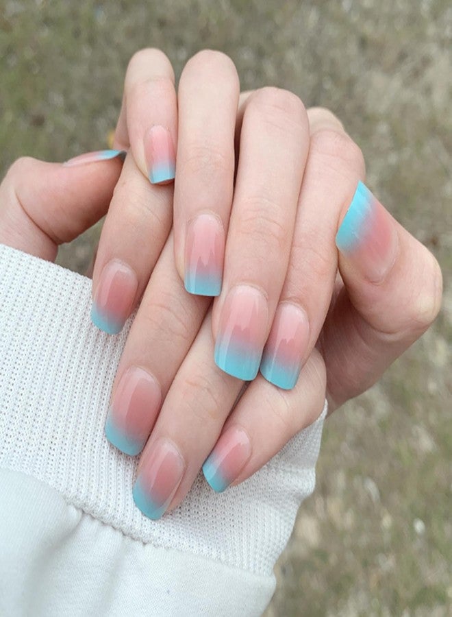 YoYoee 24Pes Short Square Press on Nails - French Fake Nails Gradient False Nails Glossy Full Cover Nails Tips for Women - Image 1